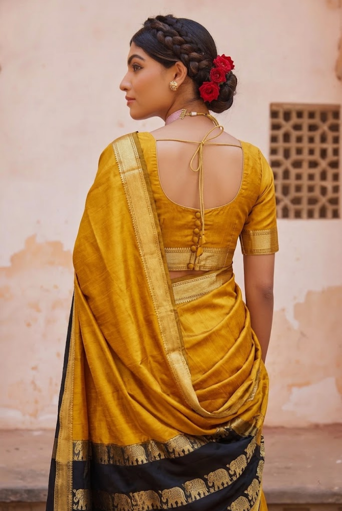 Golden Mustard & Black Cotton Silk Savanna Elephant Saree
