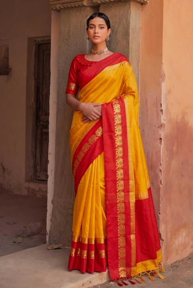 Yellow & Rani Pink Cotton Silk Savanna Elephant Saree