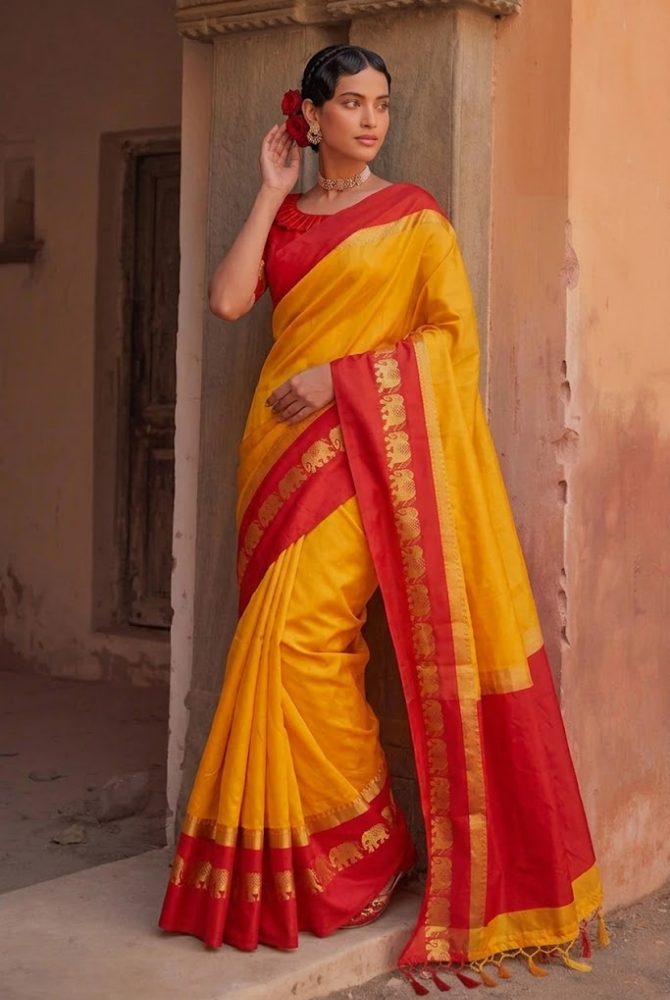 Yellow & Rani Pink Cotton Silk Savanna Elephant Saree