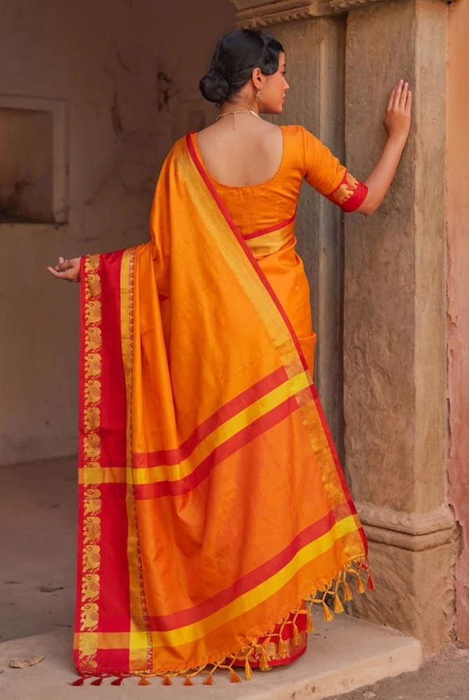 Yellow & Rani Pink Cotton Silk Savanna Elephant Saree