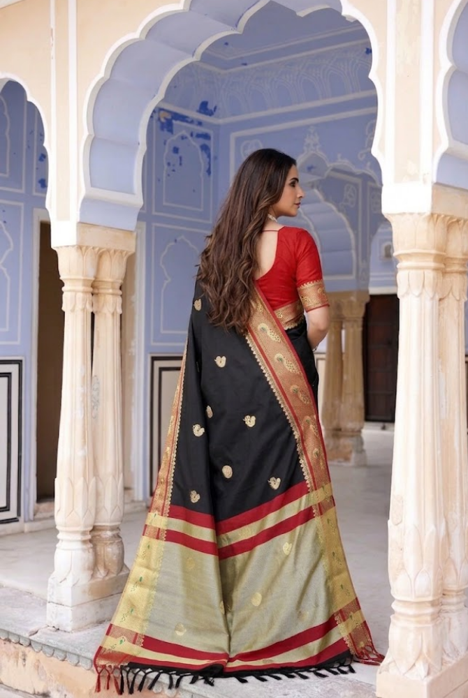 Royal Black & Classic Red Paithani Cotton Silk Mayurika Peacock Saree