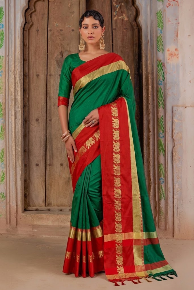 Emerald Green & Rani Red Cotton Silk Savanna Elephant Saree