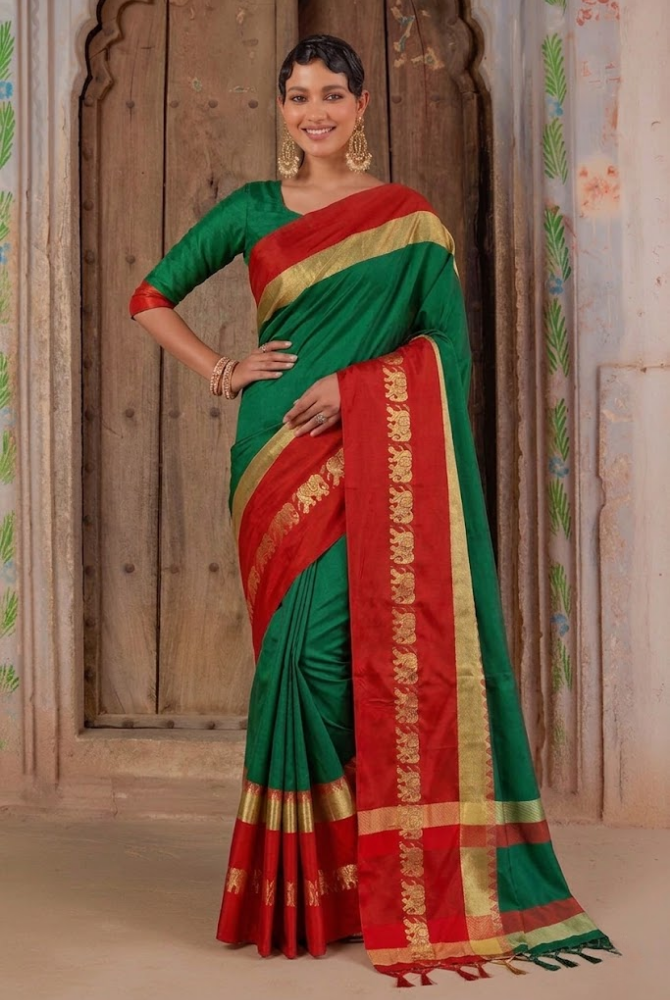 Emerald Green & Rani Red Cotton Silk Savanna Elephant Saree