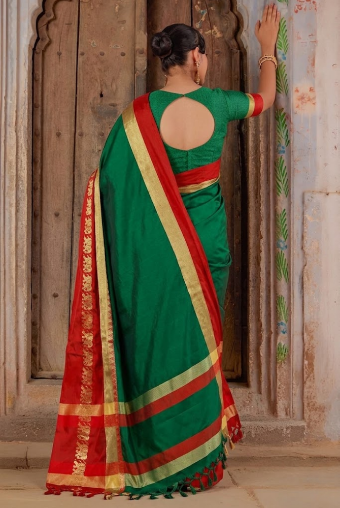 Emerald Green & Rani Red Cotton Silk Savanna Elephant Saree