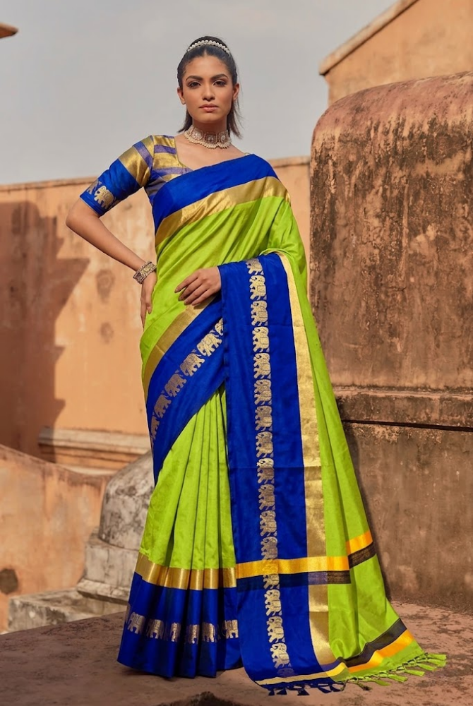 Lime Green & Royal Blue Cotton Silk Savanna Elephant Saree