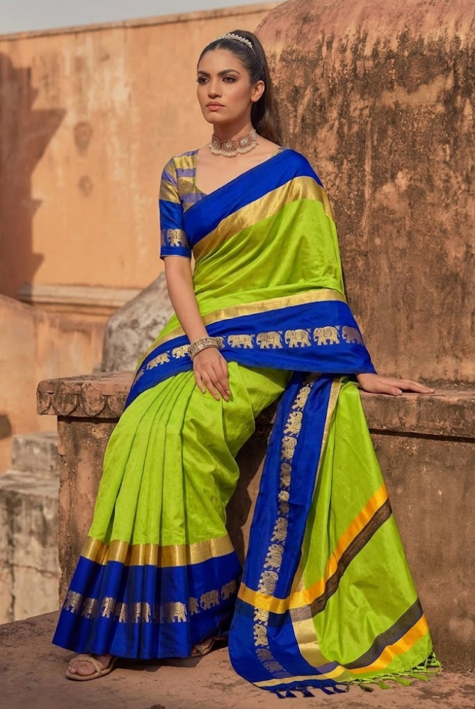 Lime Green & Royal Blue Cotton Silk Savanna Elephant Saree