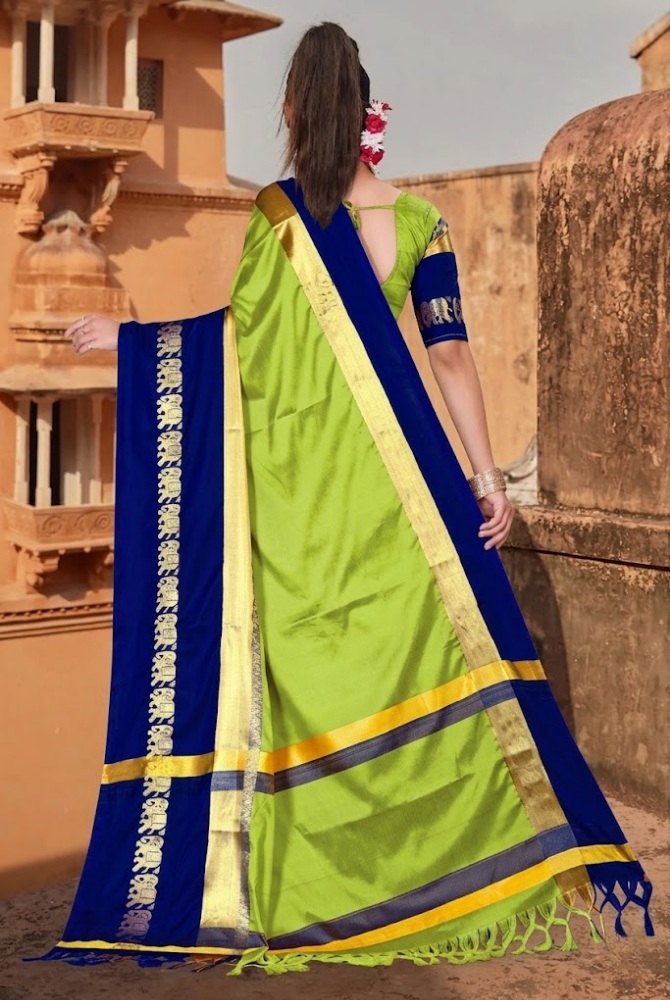Lime Green & Royal Blue Cotton Silk Savanna Elephant Saree