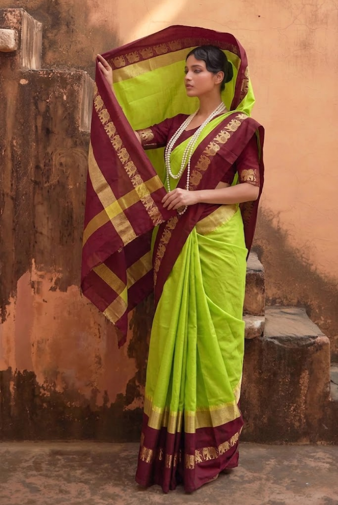 Lemon Green & Coffee Brown Cotton Silk Savanna Elephant Saree