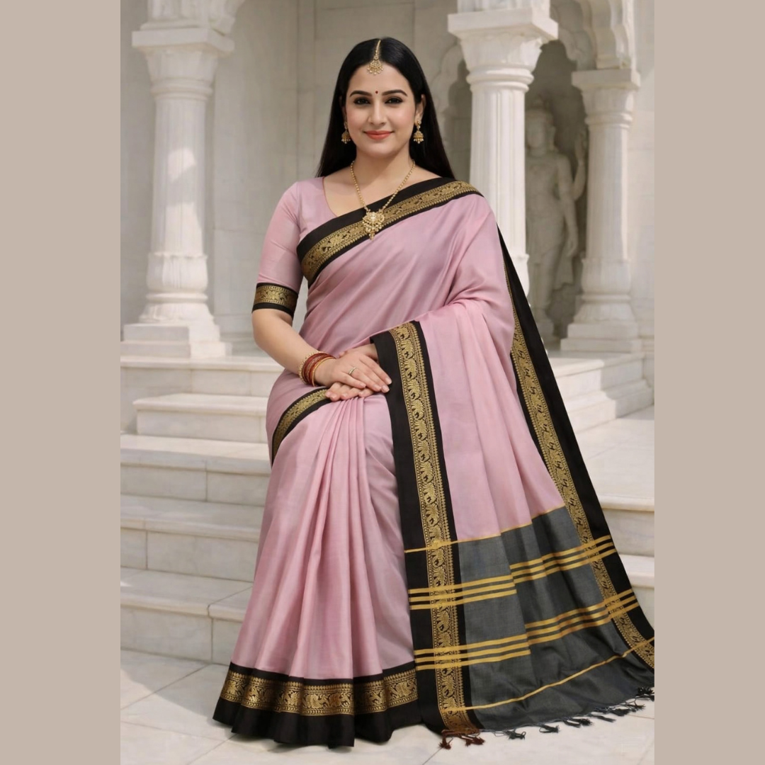 Devika - Blush Pink & Black Royal Elephant Saree