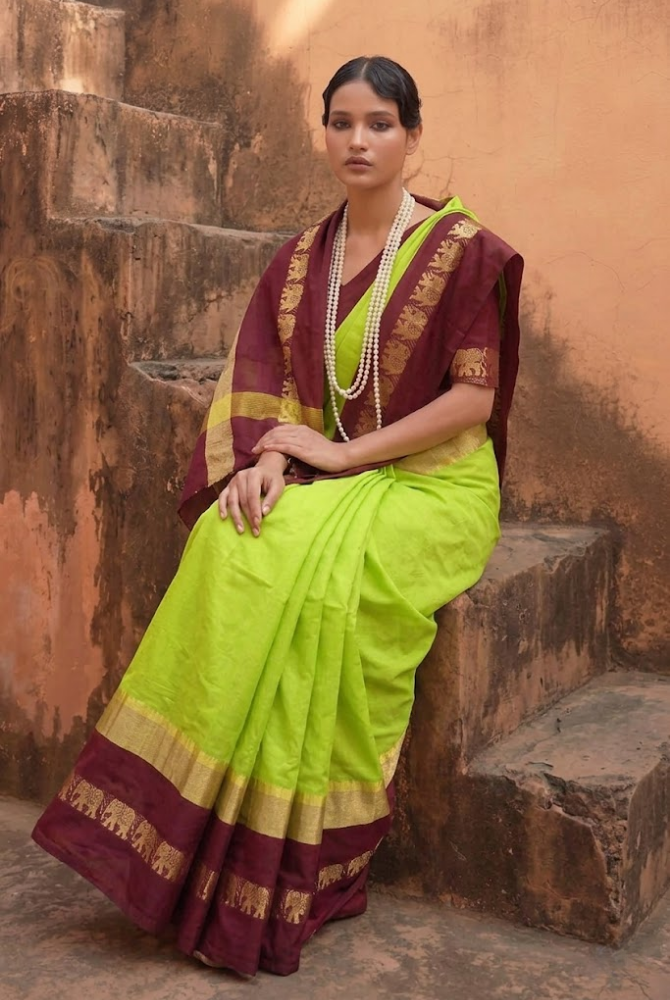 Lemon Green & Coffee Brown Cotton Silk Savanna Elephant Saree