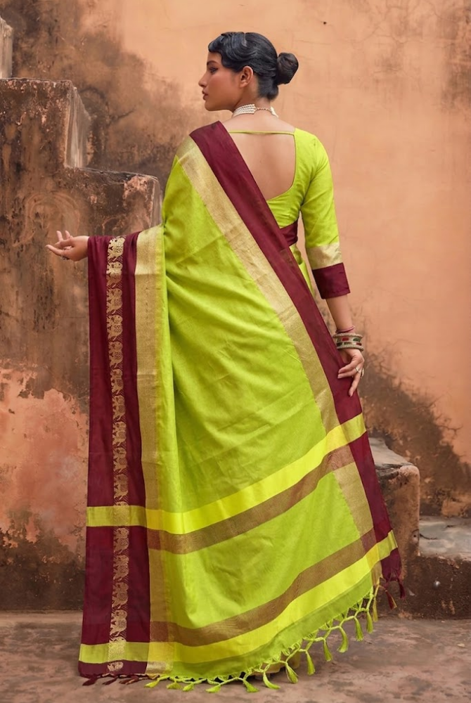 Lemon Green & Coffee Brown Cotton Silk Savanna Elephant Saree