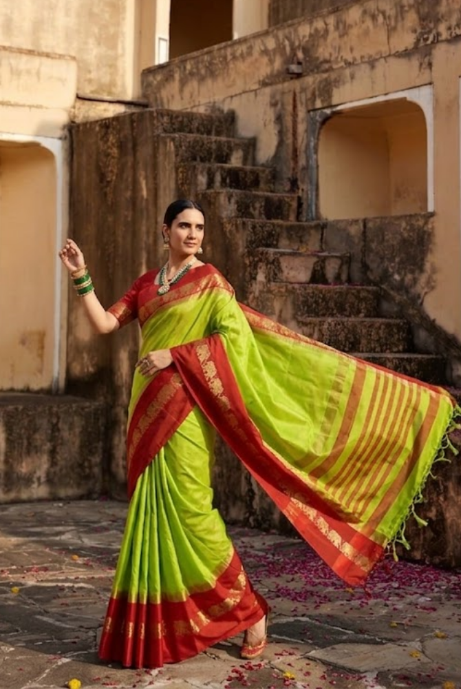 Lemon Green & Red Cotton Silk Savanna Elephant Saree