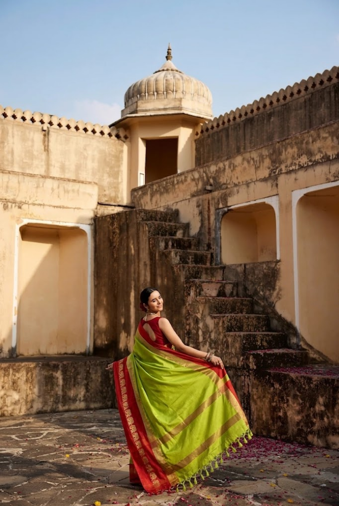 Lemon Green & Red Cotton Silk Savanna Elephant Saree