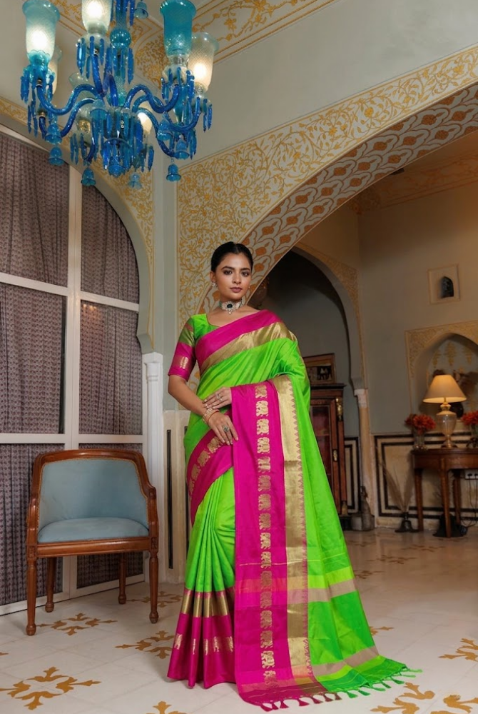Lime Green & Rani Pink Cotton Silk Savanna Elephant Saree