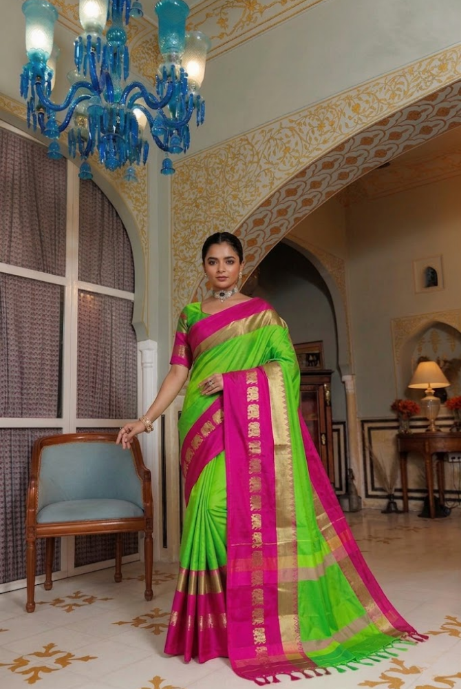 Lime Green & Rani Pink Cotton Silk Savanna Elephant Saree