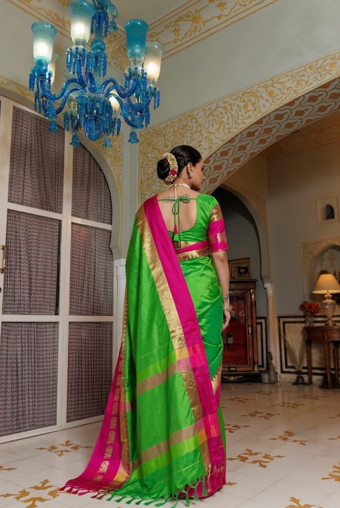 Lime Green & Rani Pink Cotton Silk Savanna Elephant Saree