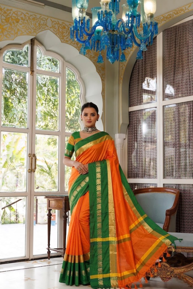 Mango Orange & Bottle Green Cotton Silk Savanna Elephant Saree