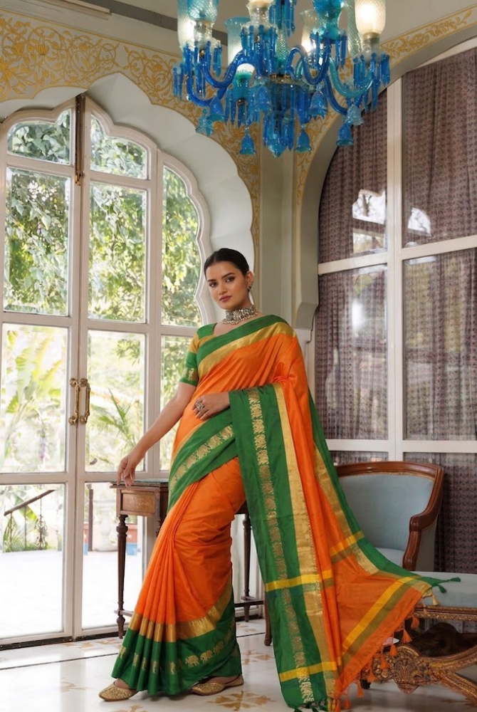 Mango Orange & Bottle Green Cotton Silk Savanna Elephant Saree