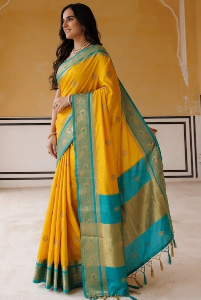 Radiant Golden Yellow & Cyan Paithani Cotton Silk Mayurika Peacock Saree