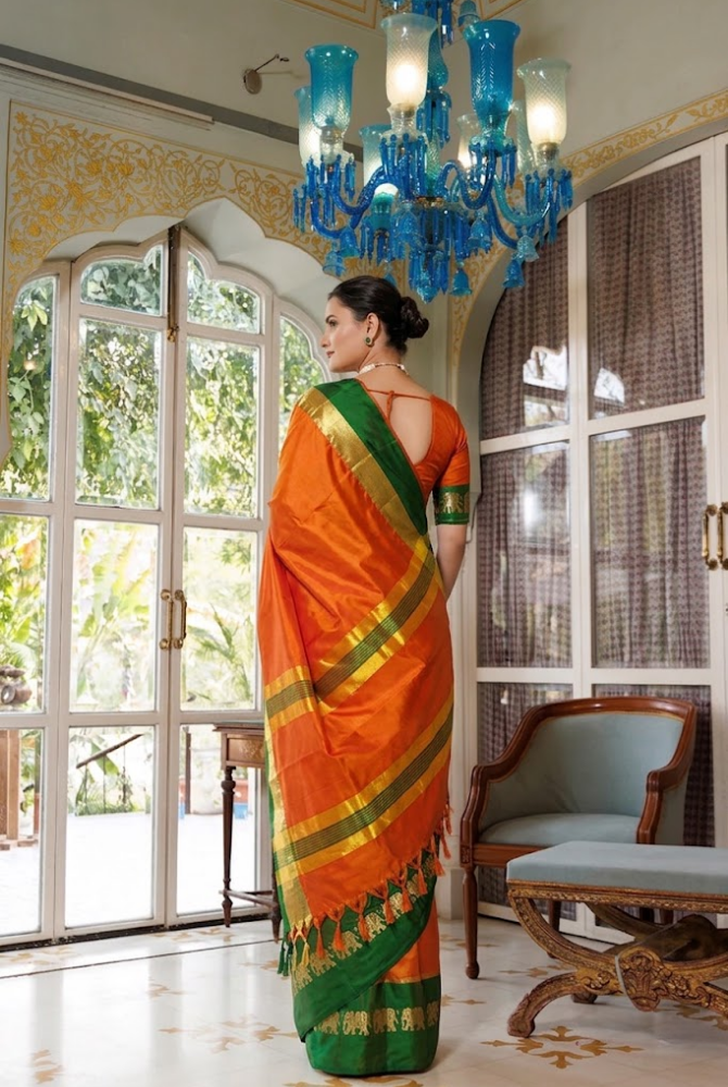 Mango Orange & Bottle Green Cotton Silk Savanna Elephant Saree