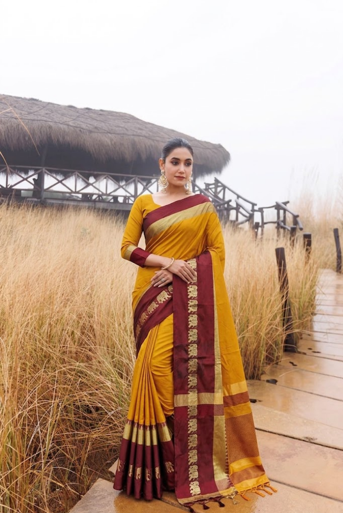 Mustard Yellow & Maroon Cotton Silk Savanna Elephant Saree