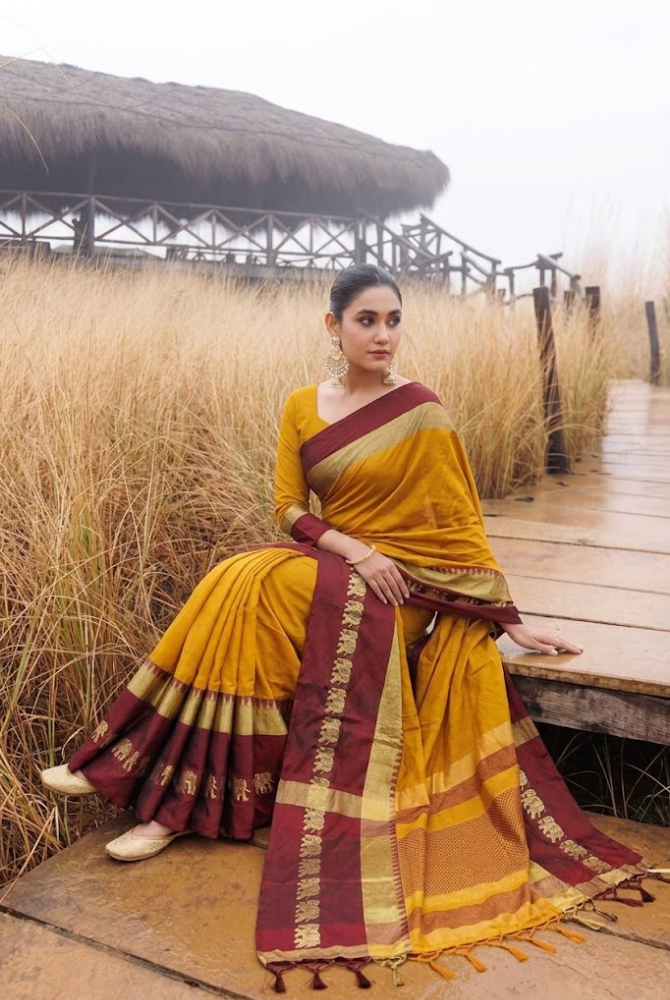 Mustard Yellow & Maroon Cotton Silk Savanna Elephant Saree