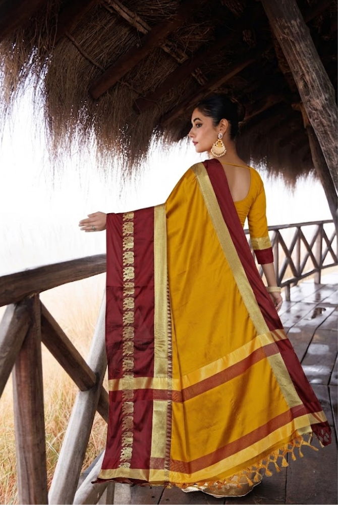 Mustard Yellow & Maroon Cotton Silk Savanna Elephant Saree