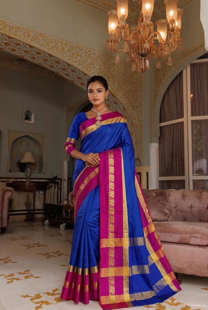 Navy Blue & Rani Pink Cotton Silk Savanna Elephant Saree