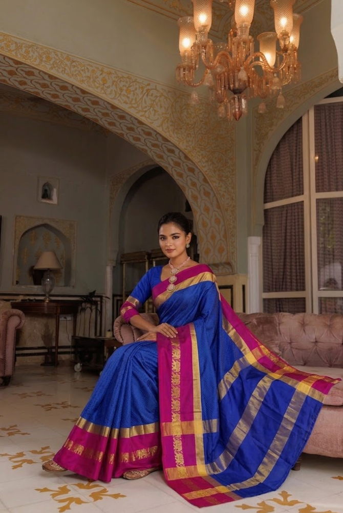 Navy Blue & Rani Pink Cotton Silk Savanna Elephant Saree