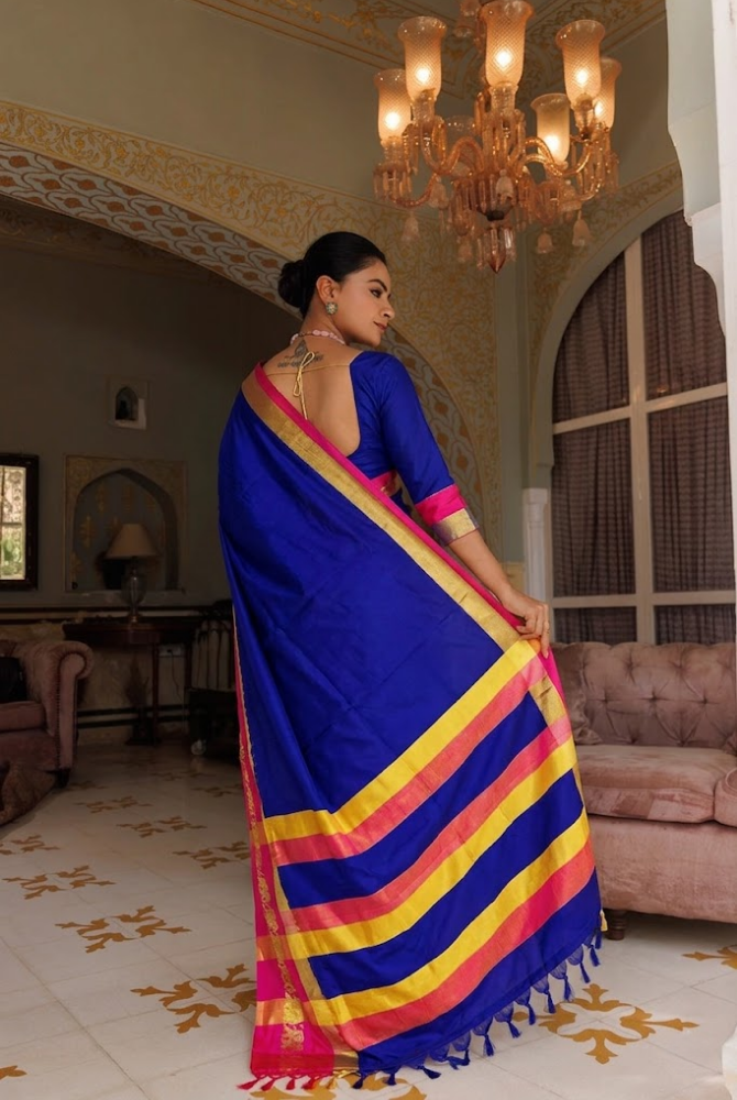 Navy Blue & Rani Pink Cotton Silk Savanna Elephant Saree