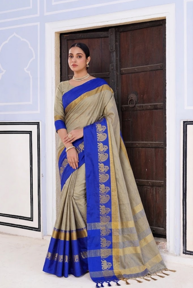 Tussar Beige & Royal Blue Cotton Silk Savanna Elephant Saree