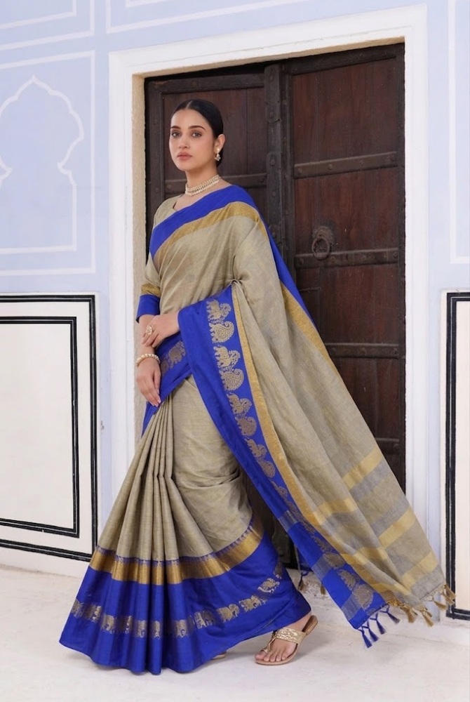 Tussar Beige & Royal Blue Cotton Silk Savanna Elephant Saree