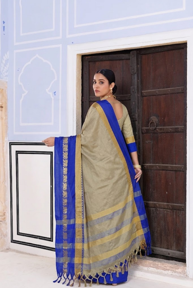 Tussar Beige & Royal Blue Cotton Silk Savanna Elephant Saree