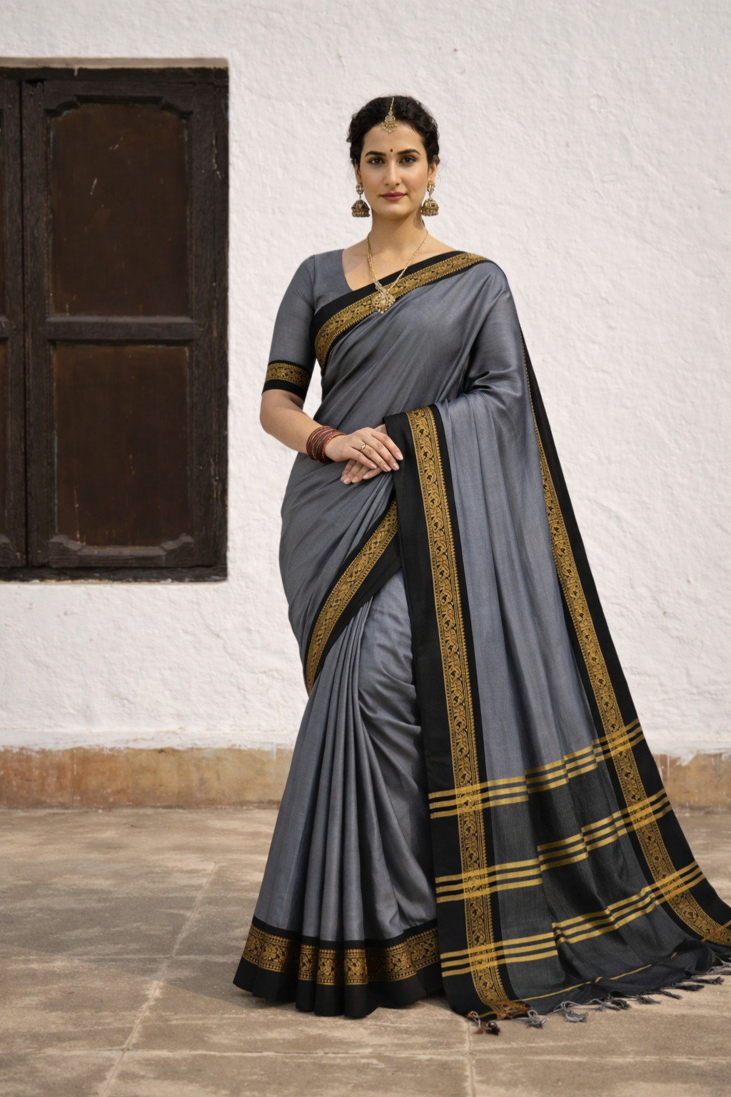 Grey & Black Cotton Silk Royal Elephant Saree