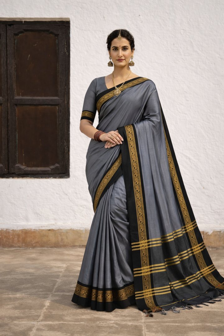 Grey & Black Cotton Silk Royal Elephant Saree