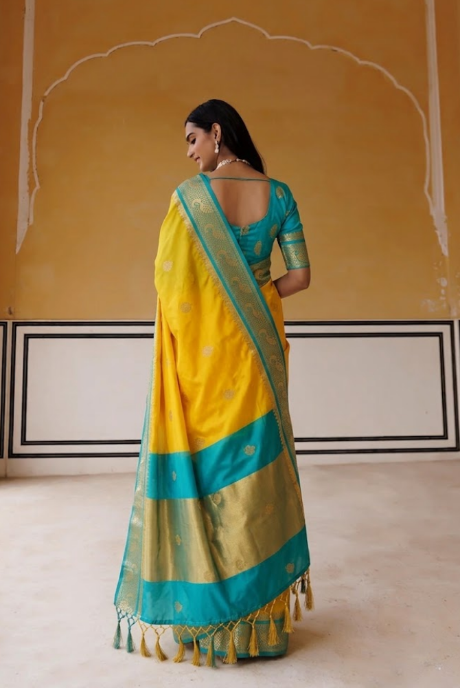 Radiant Golden Yellow & Cyan Paithani Cotton Silk Mayurika Peacock Saree