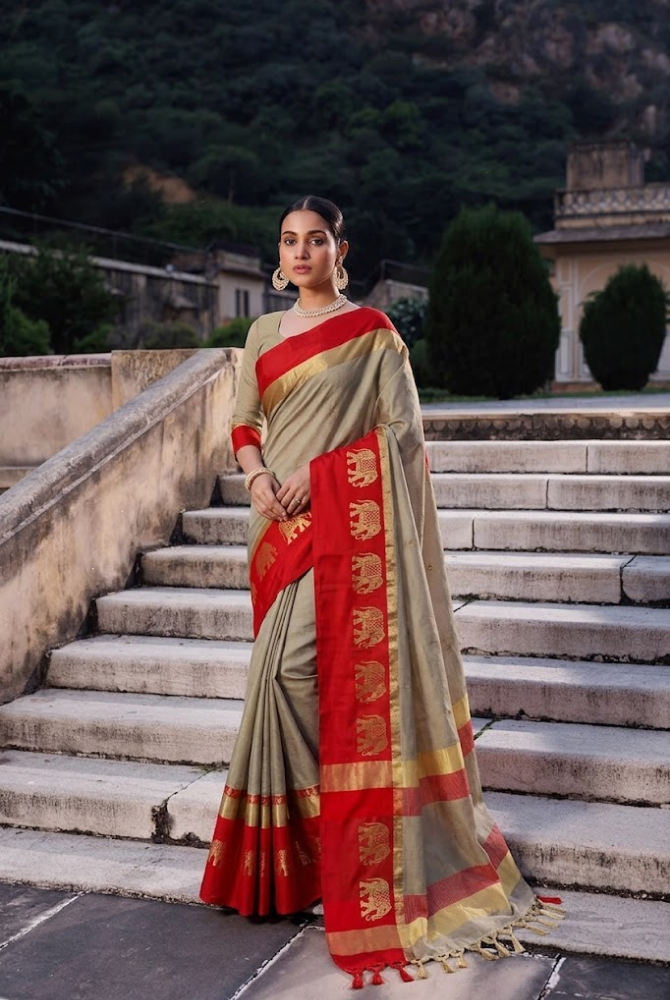Tussar Beige & Red Cotton Silk Savanna Elephant Saree