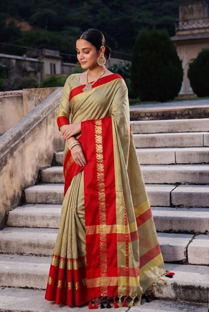 Tussar Beige & Red Cotton Silk Savanna Elephant Saree