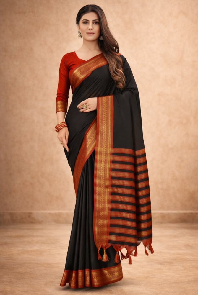 Black & Red Cotton Silk Kalyani Saree