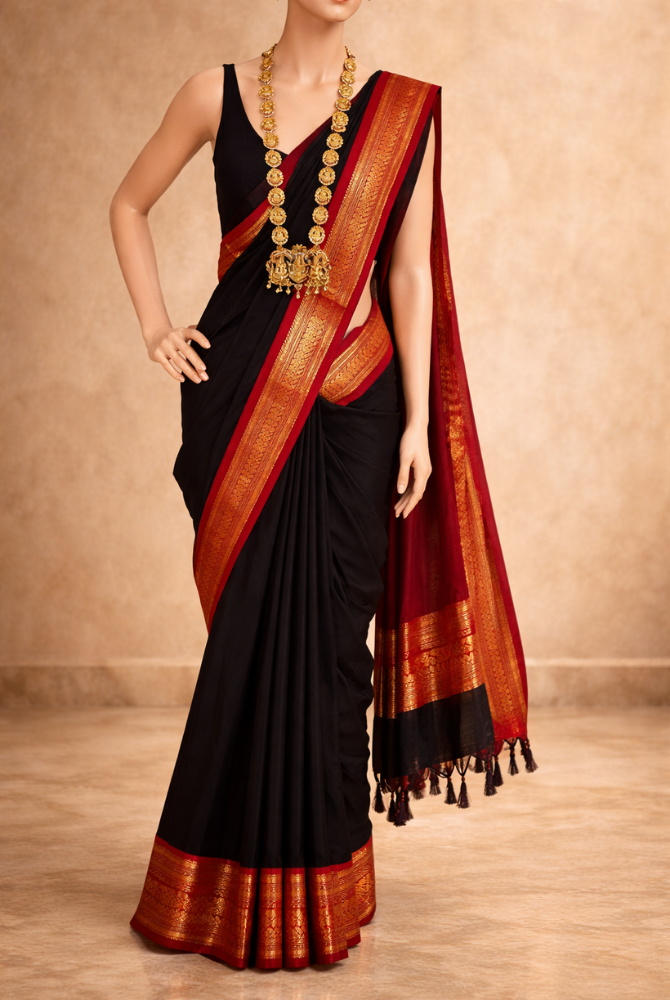 Black & Red Cotton Silk Kalyani Saree