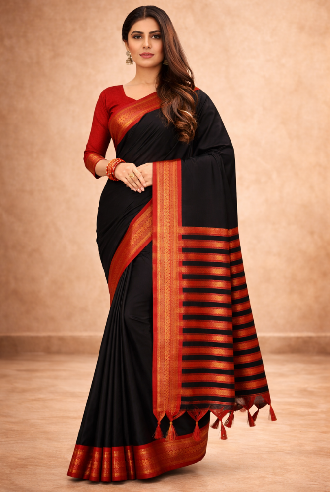 Black & Red Cotton Silk Kalyani Saree