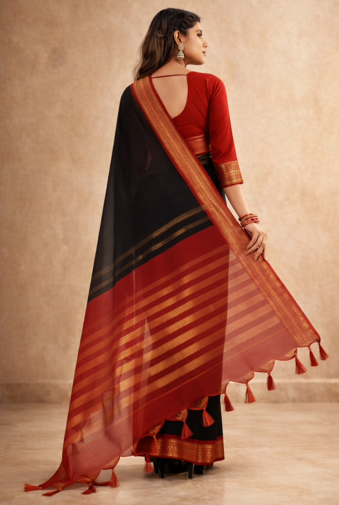 Black & Red Cotton Silk Kalyani Saree