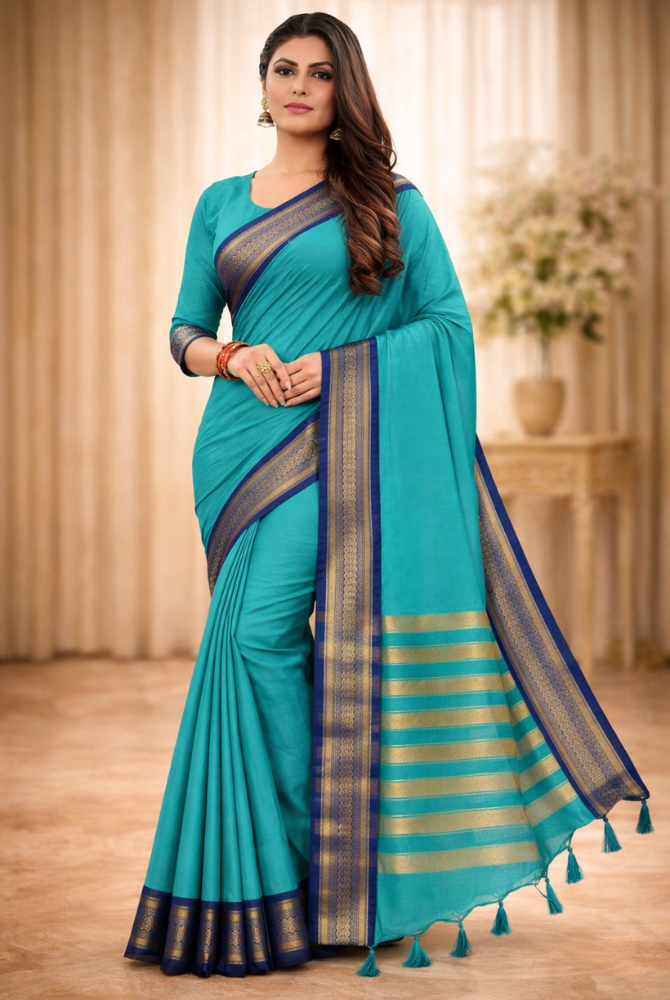Cyan Blue & Royal Blue Cotton Silk Kalyani Saree