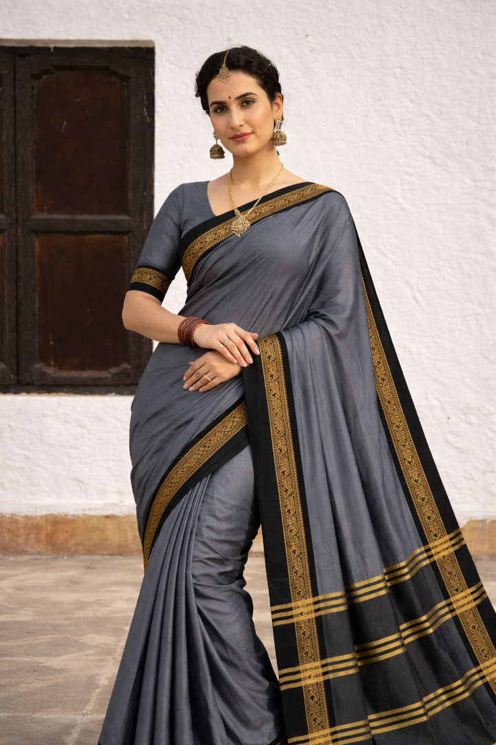 Grey & Black Cotton Silk Royal Elephant Saree