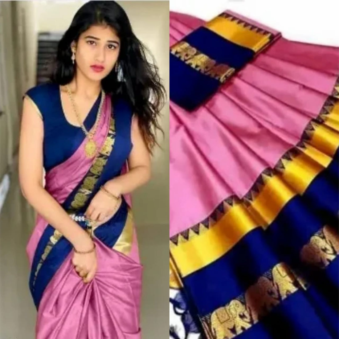 Baby Pink & Royal Blue Cotton Silk Savanna Elephant Saree