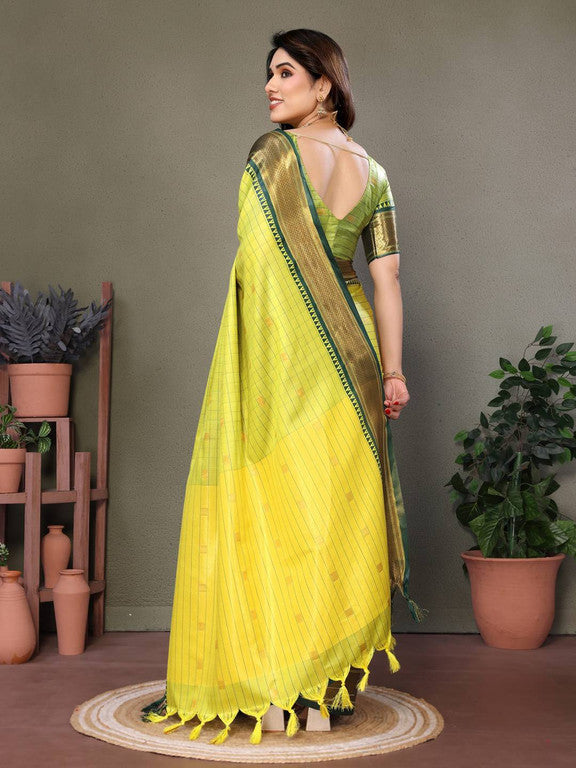 Bright Yellow & Green Checks Paithani Cotton Silk Saree with Gold Zari Border