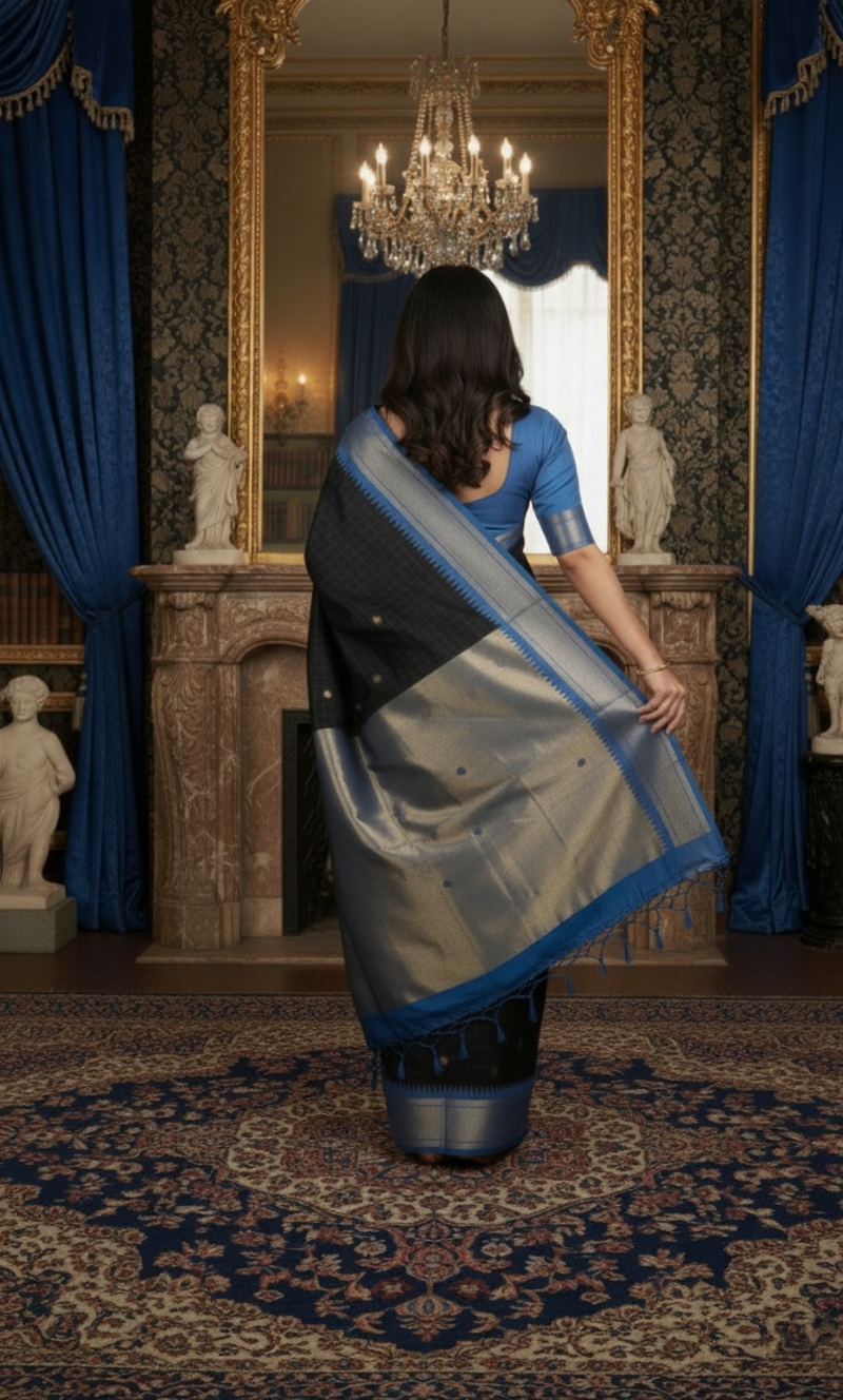Royal Black & Blue Checks Paithani Silk Saree with Zari Border