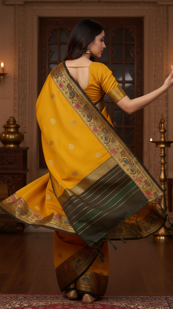 Mustard Gold Jacquard Silk Saree with Peacock Zari Border