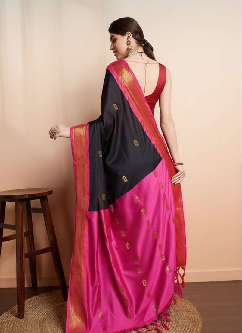 Midnight Black & Pink Paithani Cotton Silk Saree