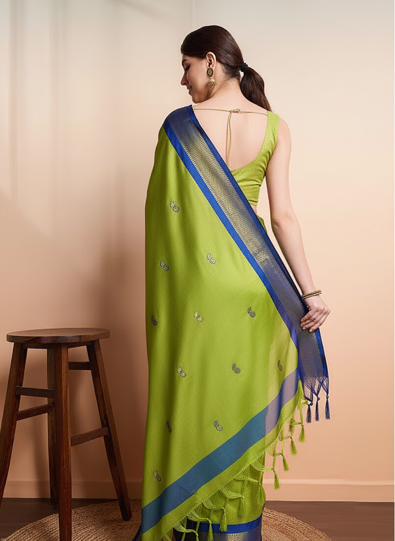 Radiant Lime Green & Royal Blue Paithani Cotton Silk Saree